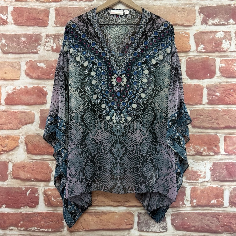 Belle Kim Gravel  Top Women's XL Boho Snakeskin Jewel Print Kimono Sheer Shirt - Picture 8 of 10